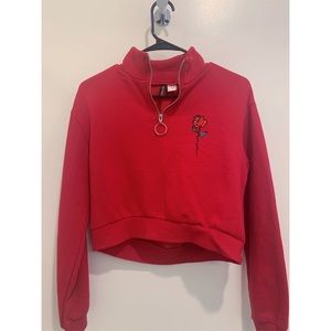 H&M Red Cropped Sweatshirt with Rose Embroidery